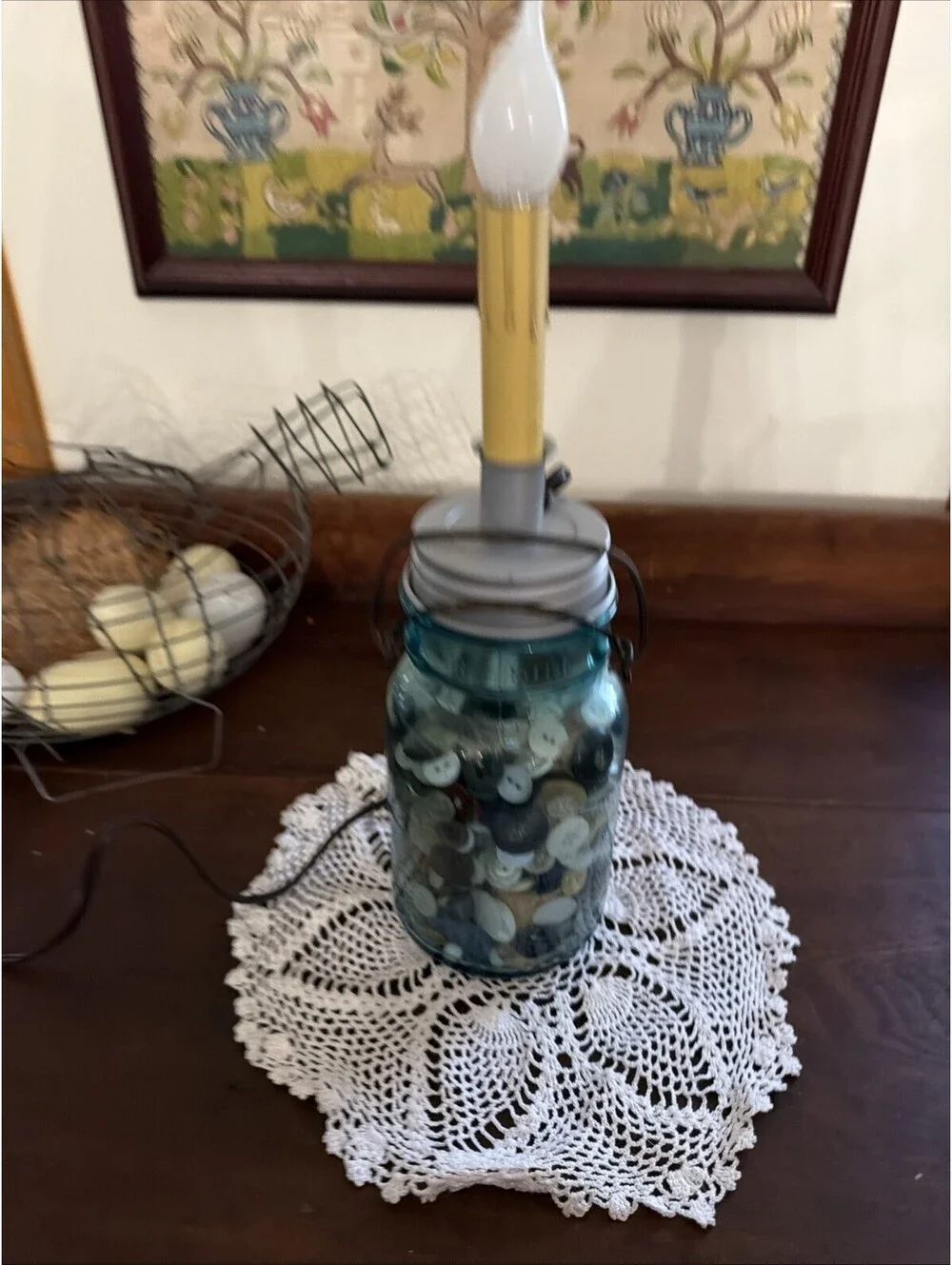 Antique Blue Mason Jar Candle Lamp Old Buttons Primitive Country Farmhouse Decor